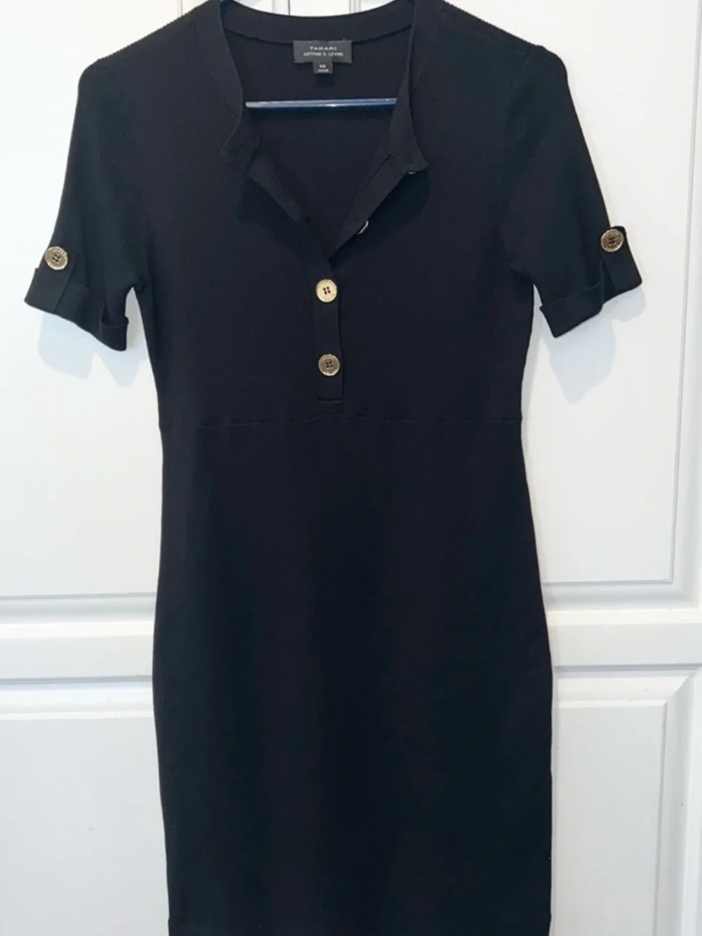 Tahari ASL Black Mini Dress Gold Button Fitted - Picture 3 of 10